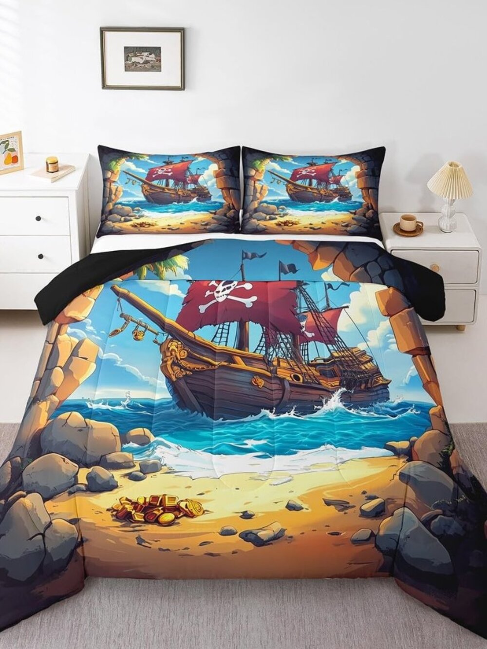 Pirate Boat Comforter Set Full Size for Kids Boys Girls Navigation Treasure